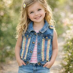 Girls Re-Created and adorned with Butterflies and Fringe Denim Vest Size 5T